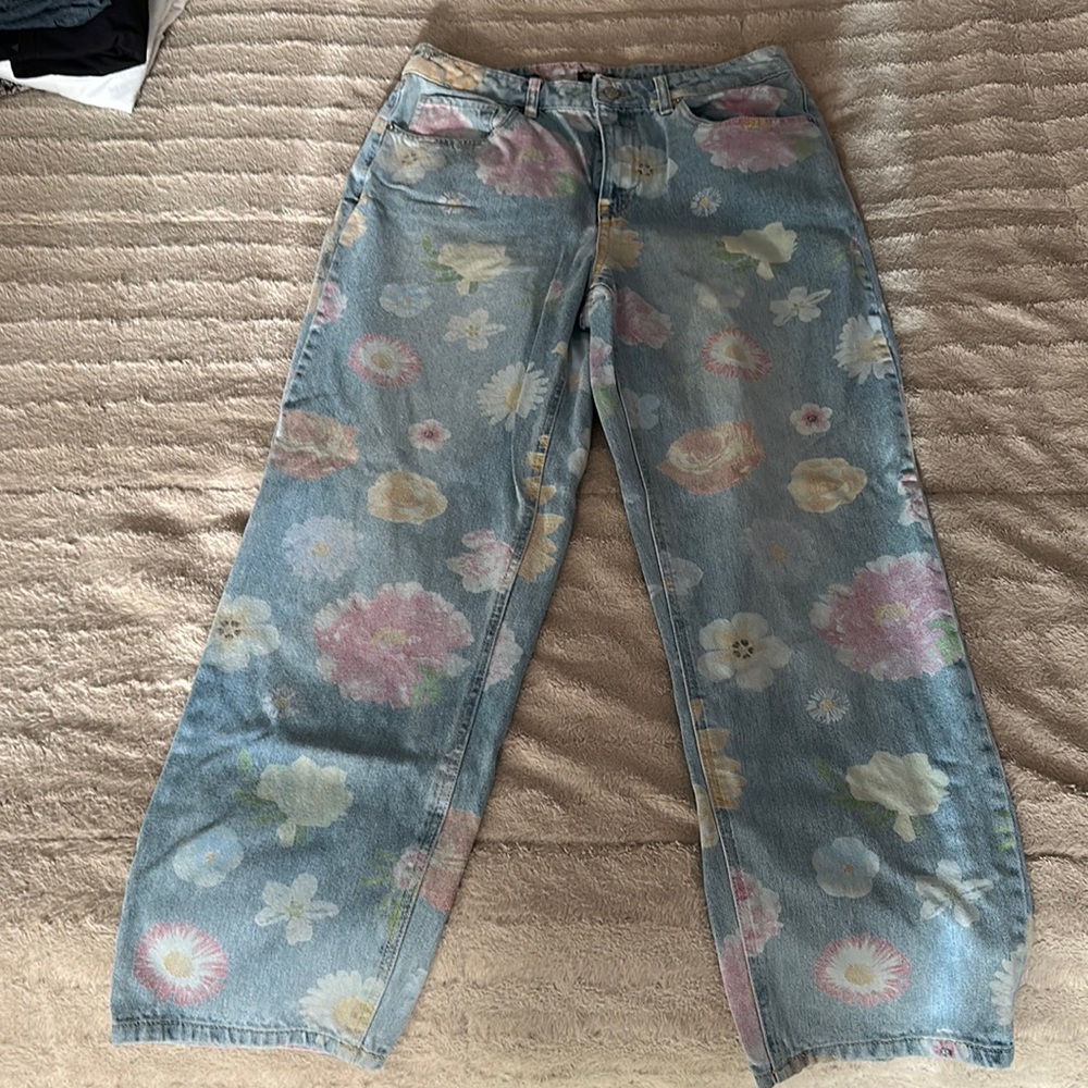 High rise floral straight leg jeans